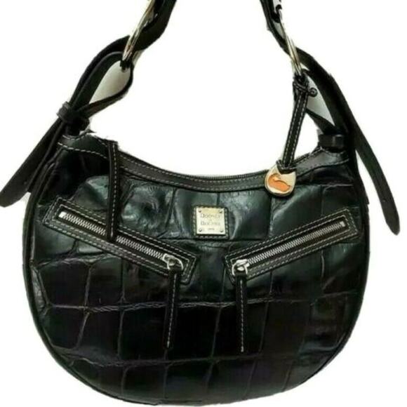 Y2K Rare Dooney & Bourke Moon Round Baguette Purse Black Leather Croc Embossed - Picture 1 of 11